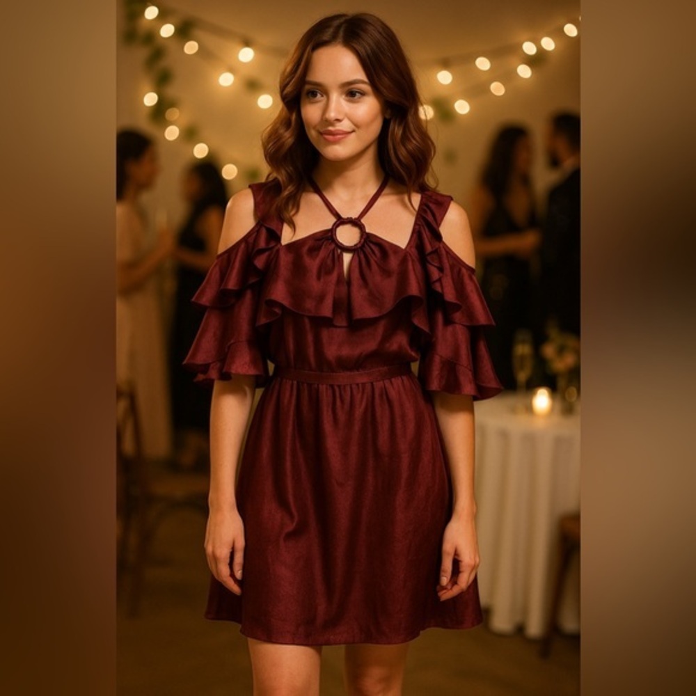 Hayden Wine Mini Dress Burgundy Satin Cold Shoulder Ruffle Party NWT 2XL #1380